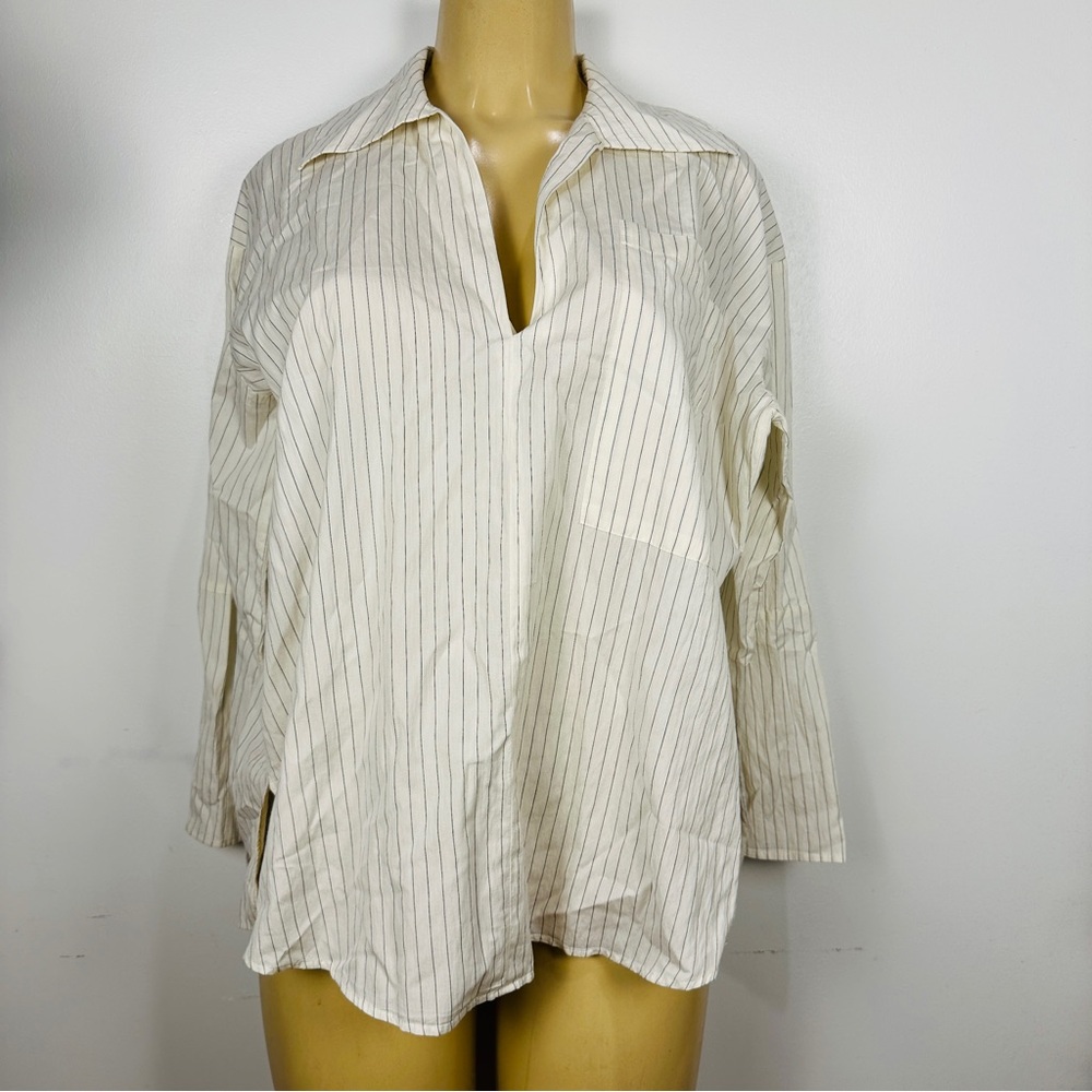 Zara Pinstripe Popover Blouse Sz M Loose Long Sleeves V-neck Top Shirt